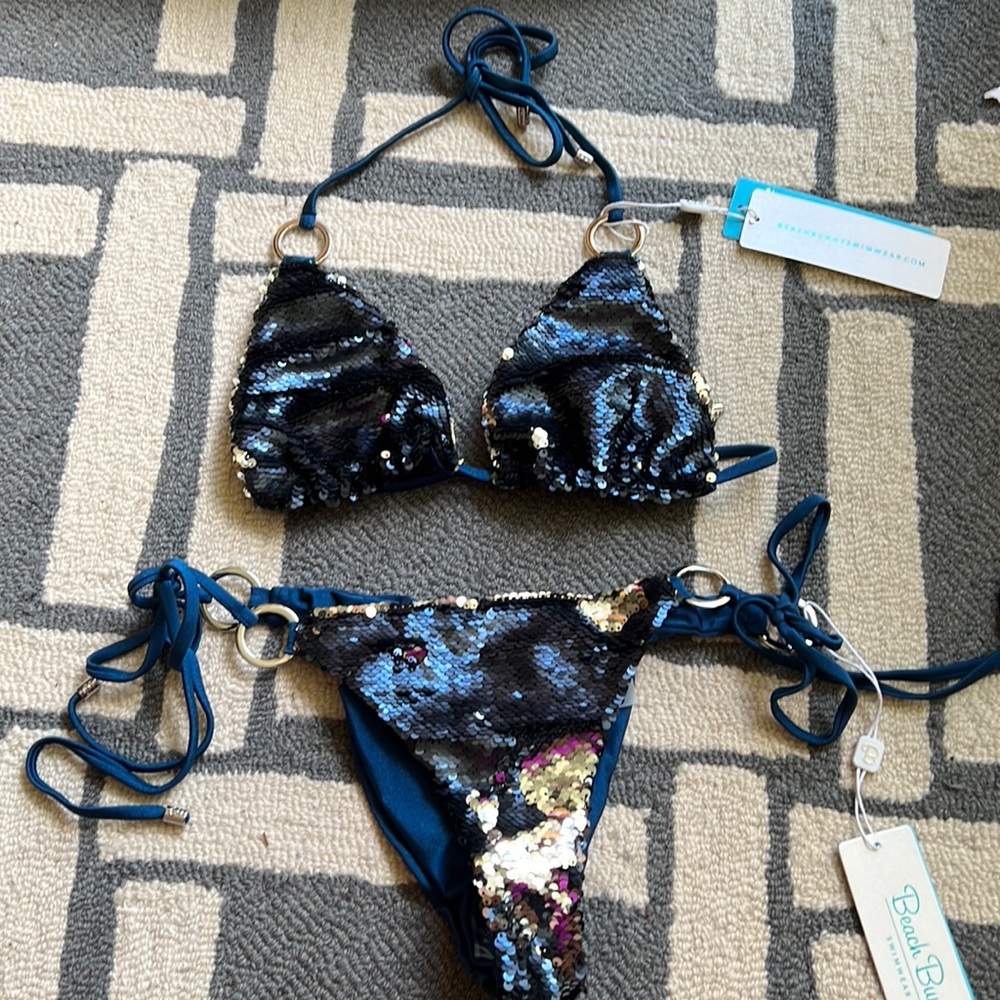 NWT Beach Bunny DK Navy Silver Sequin bikini Sz XL